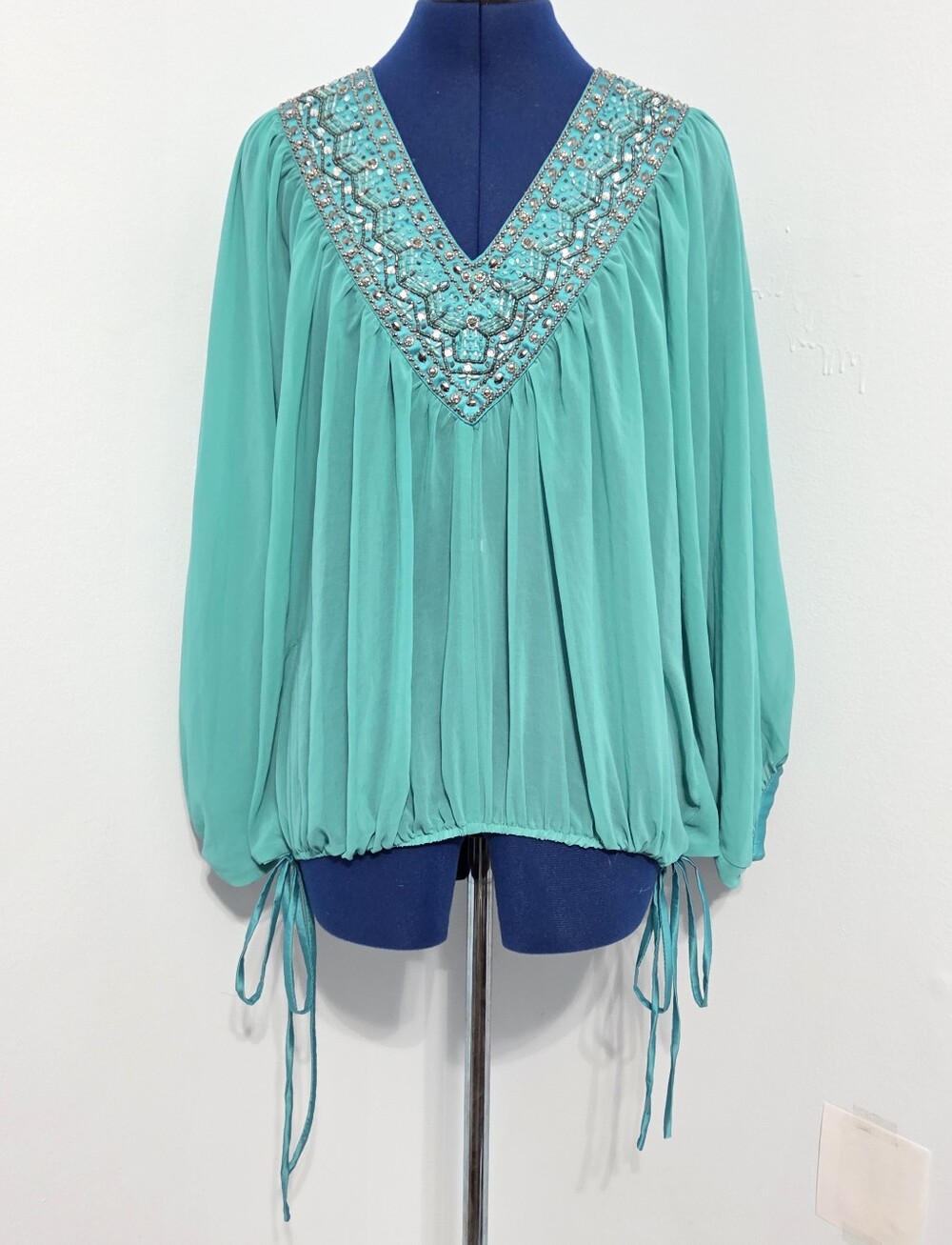 Vintage Y2K Deadstock Turquoise Beaded Chiffon Blouse Size S